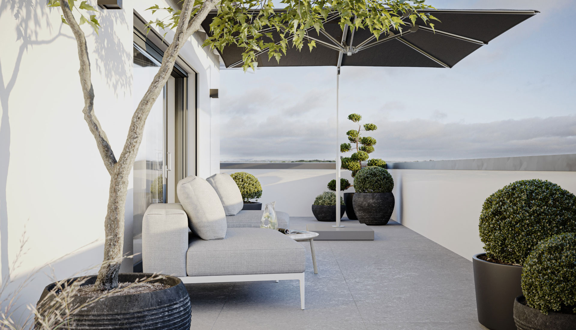 Balkon-Rendering der Chiemgau Residenzen mit Blick zum Chiemsee