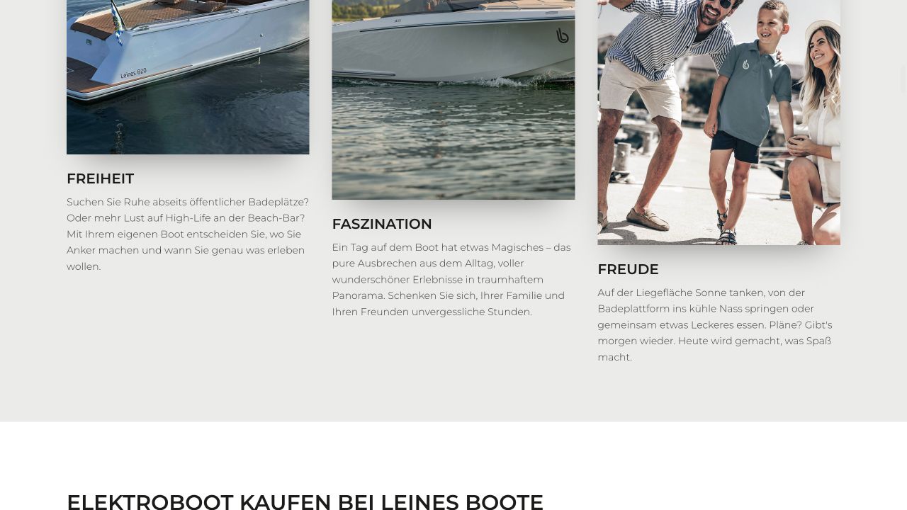 Markenwelt der Leines Boote Webseite mit Freiheit, Faszination und Freude