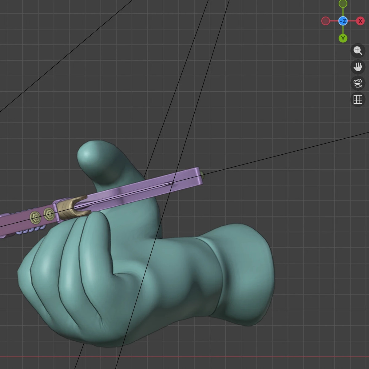 Arbeitsstand in Blender: Daumen und Handrücken am Hebel, mit Rasterboden und Navigationswürfel des Programms.