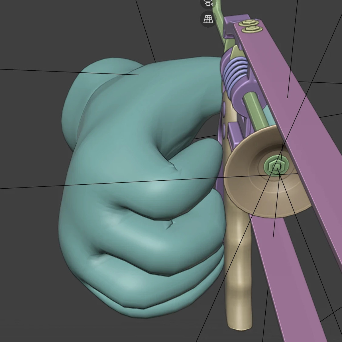 Arbeitsstand in Blender: die geschlossene Hand am Griff der Kartuschenpresse.