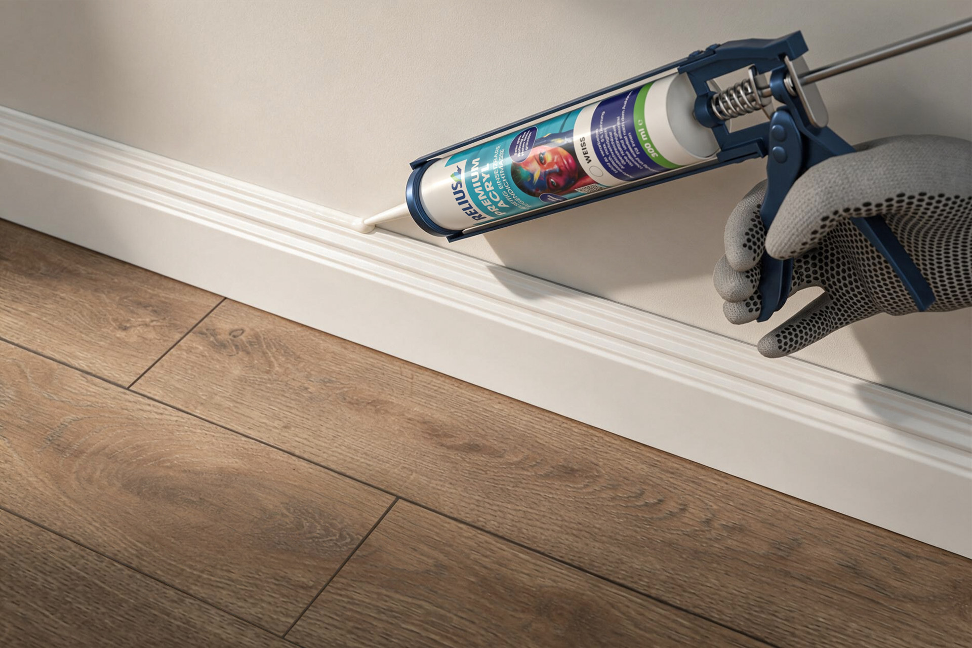 RELIUS PREMIUM ACRYL: Kartusche in einer blauen Handpresse, behandschuhte Hand zieht die weiße Fugendichtmasse in die Fuge zwischen Sockelleiste und Wand.
